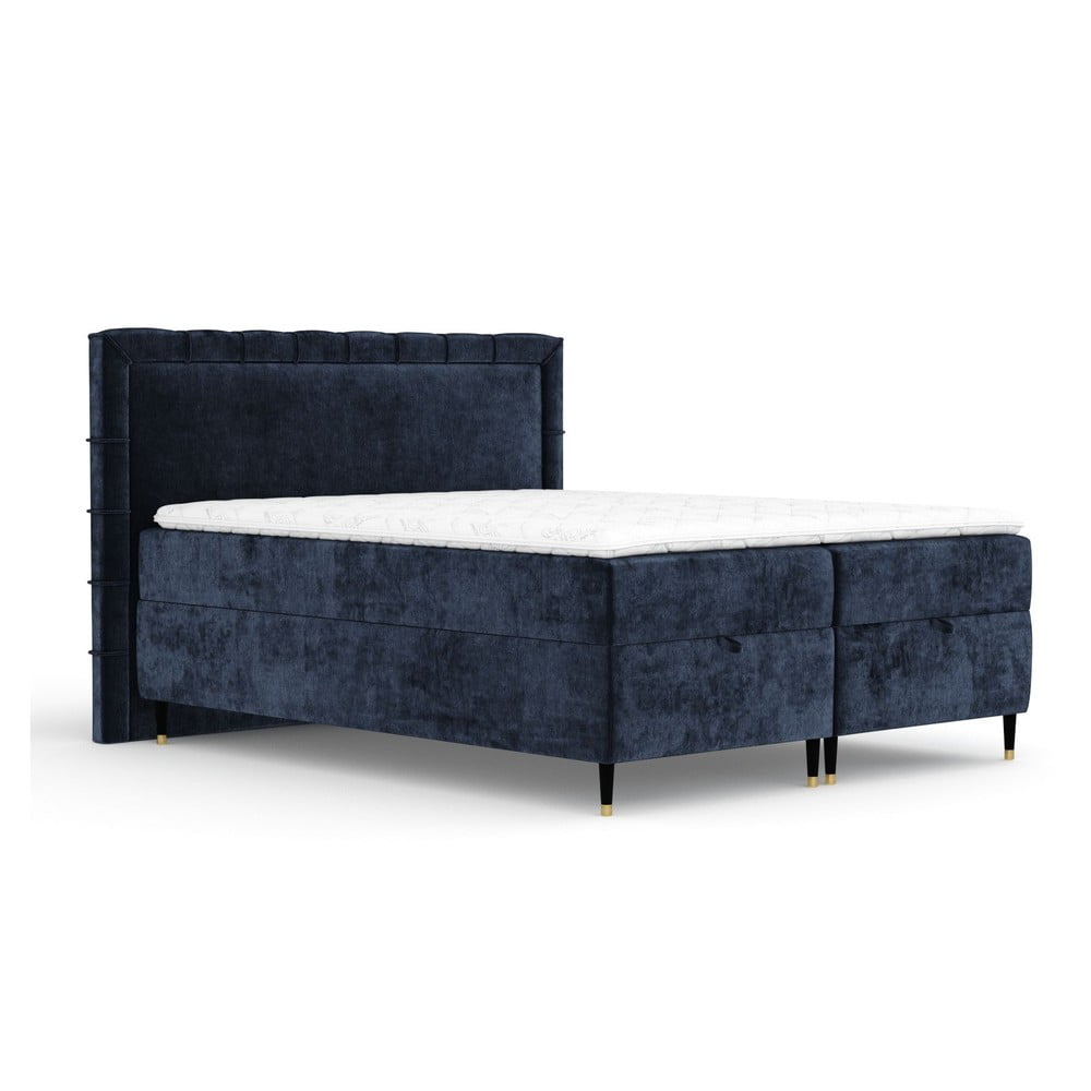 Sötétkék ágyneműtartós boxspring ágy 200x200 cm Voyage – Maison de Rêve