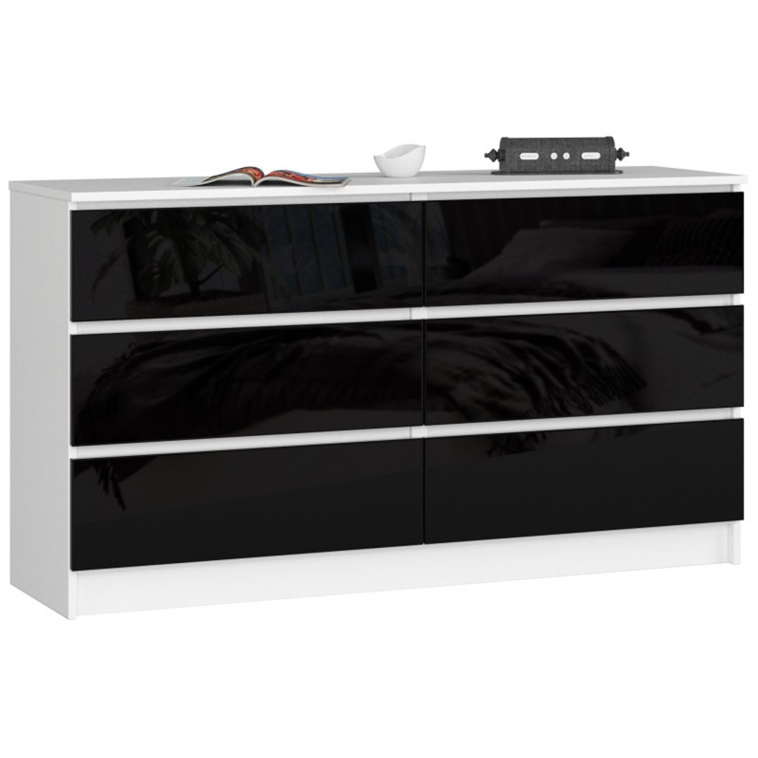K120 6SZ CLP Komód (fényes fekete/fehér) Akord