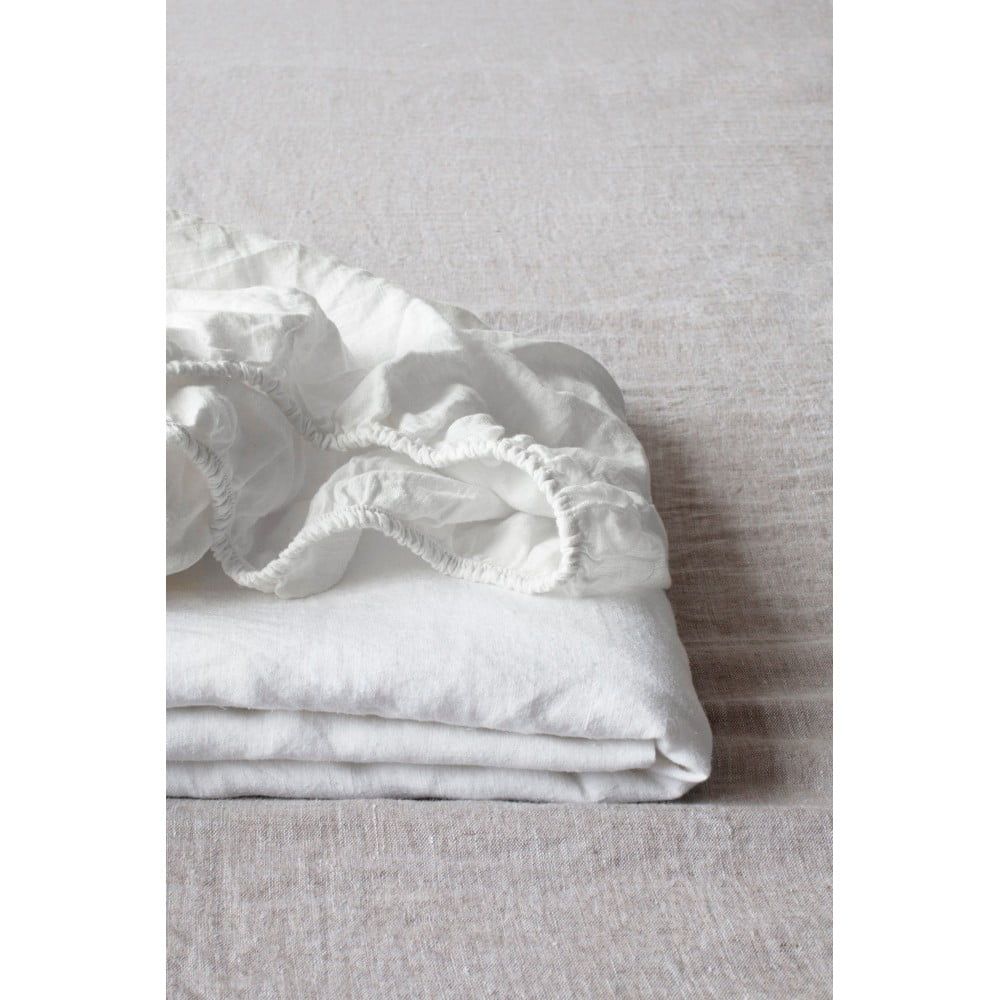 Fehér gumis len lepedő 140x200 cm White – Linen Tales