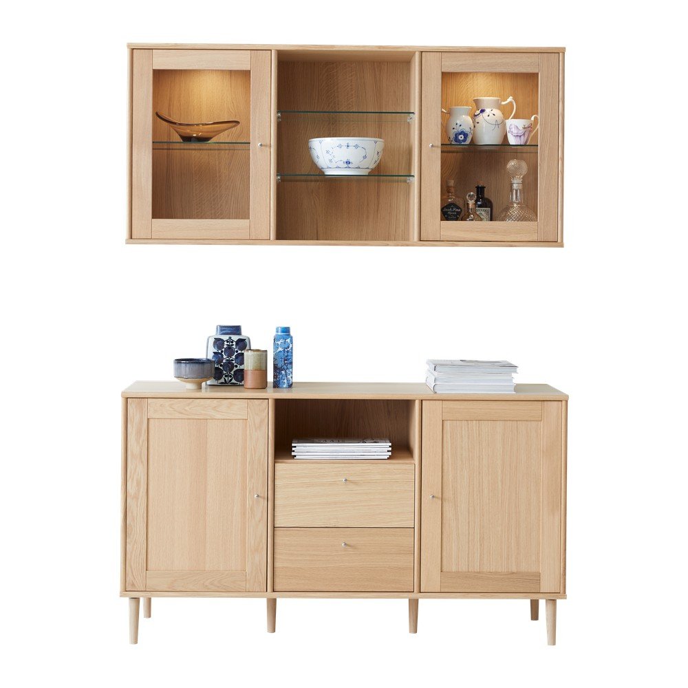 Fali tálalószekrény világítással és komód szett tölgyfa dekorral 133x136 cm Mistral - Hammel Furniture