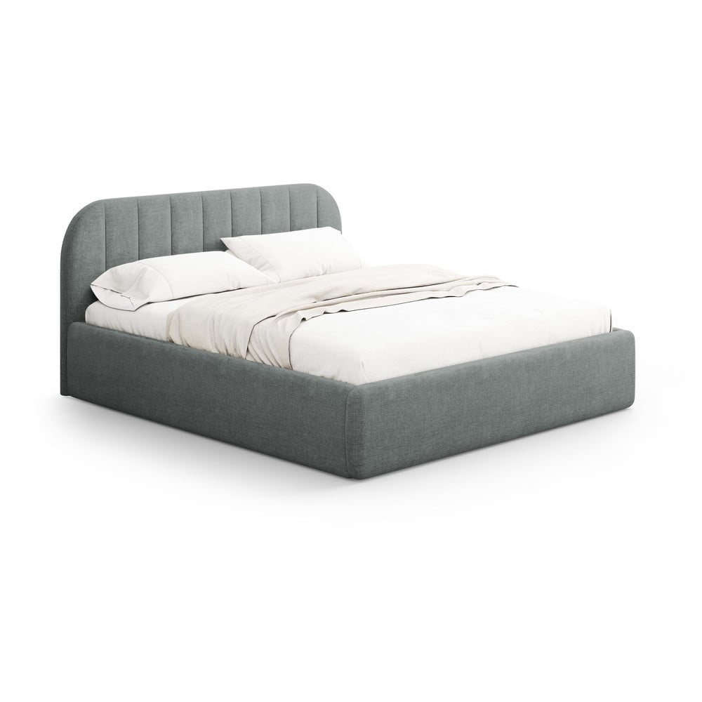 Sötétszürke kárpitozott ágyneműtartós franciaágy ágyráccsal 140x200 cm Juno – Windsor & Co Sofas