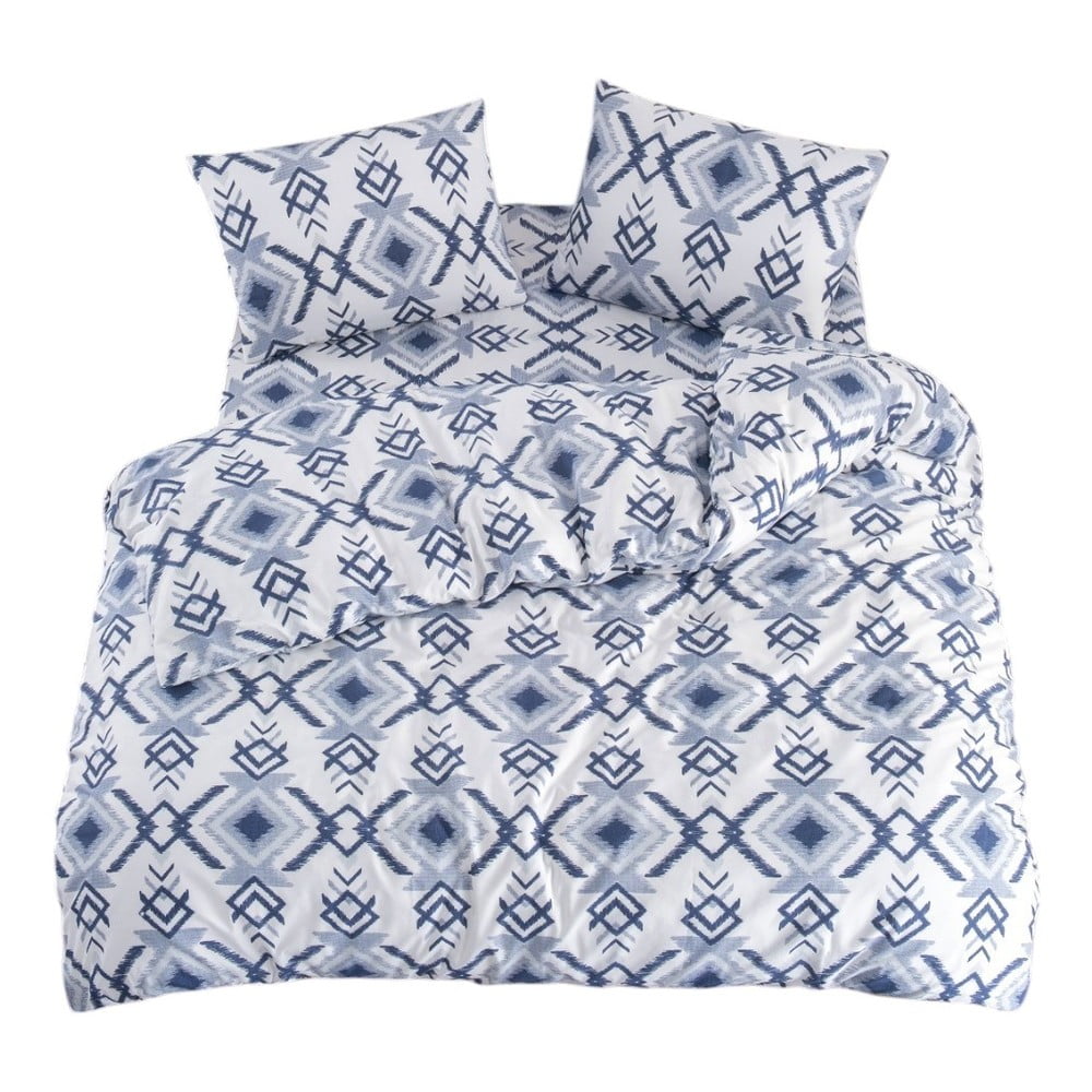 Fehér-kék négyrészes kétszemélyes hosszabbított ágyneműhuzat lepedővel 200x220 cm Geometric – Mila Home