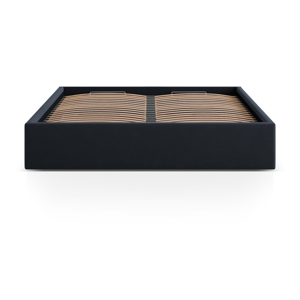 Sötétkék kárpitozott ágyneműtartós-ágytámla nélkül franciaágy ágyráccsal 160x200 cm Susan – Micadoni