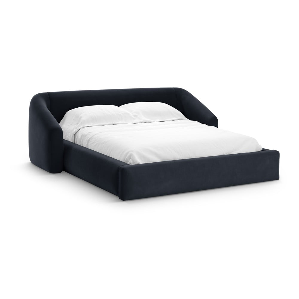 Sötétkék kárpitozott ágyneműtartós franciaágy ágyráccsal 140x200 cm Campi – Cosmopolitan Design