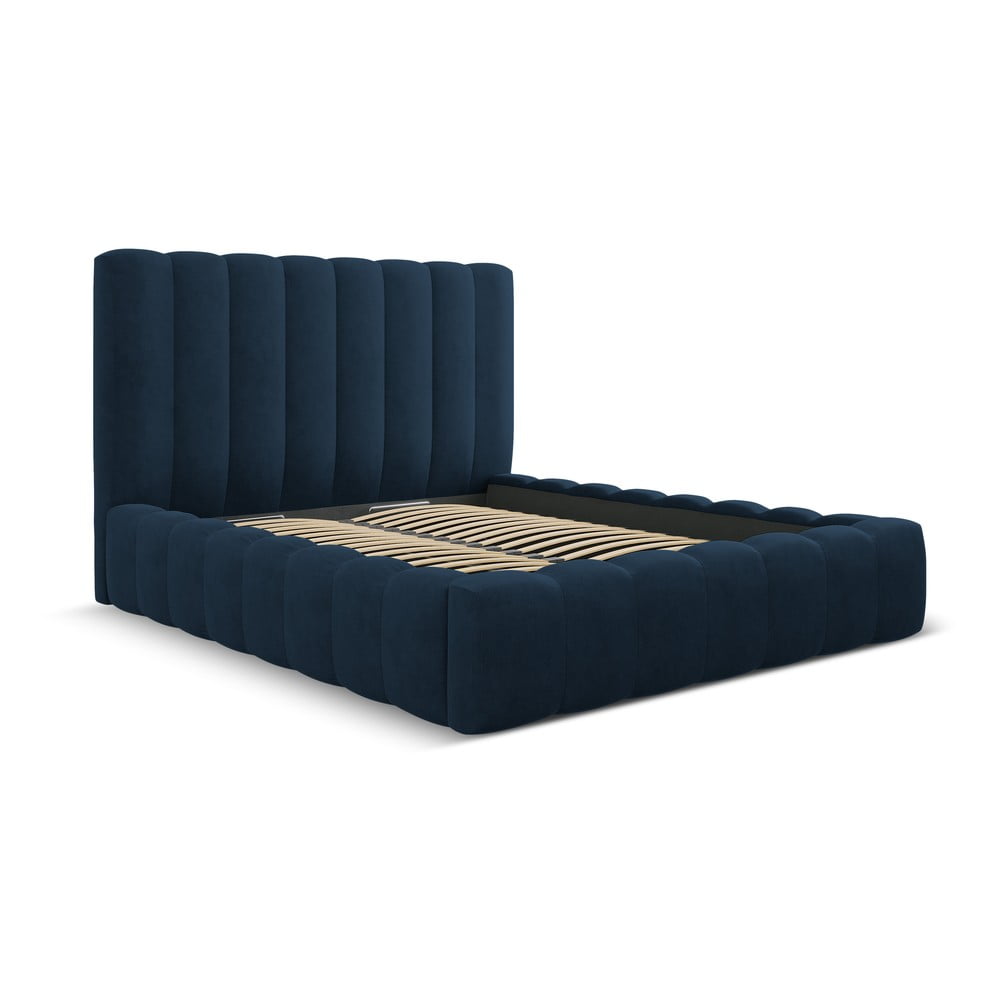Sötétkék kárpitozott ágyneműtartós franciaágy ágyráccsal 180x200 cm Kelp – Micadoni Home