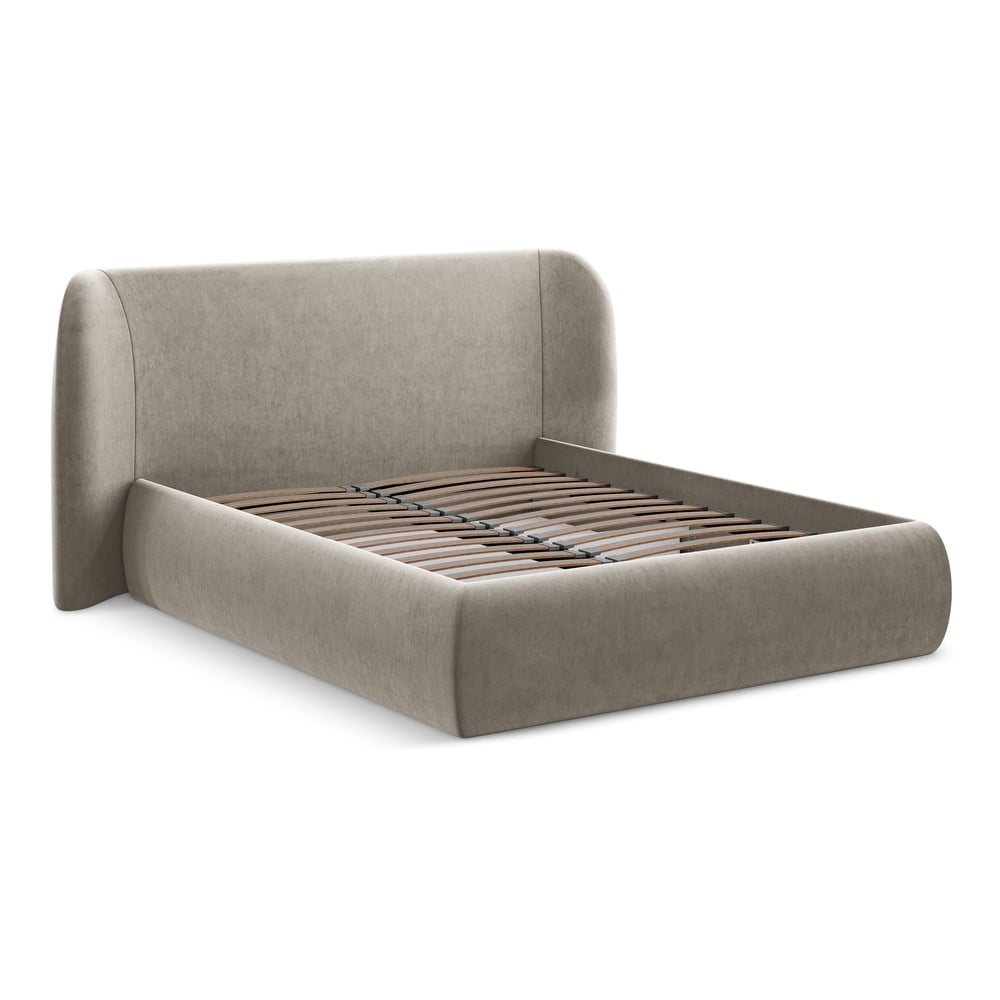 Szürkésbarna kárpitozott ágyneműtartós franciaágy ágyráccsal 160x200 cm Hauke – Makamii