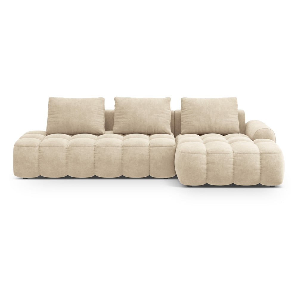 Bézs bársony kinyitható-tárolóhelyes sarokkanapé (jobb oldali-heverő résszel) Linz – Cosmopolitan Design