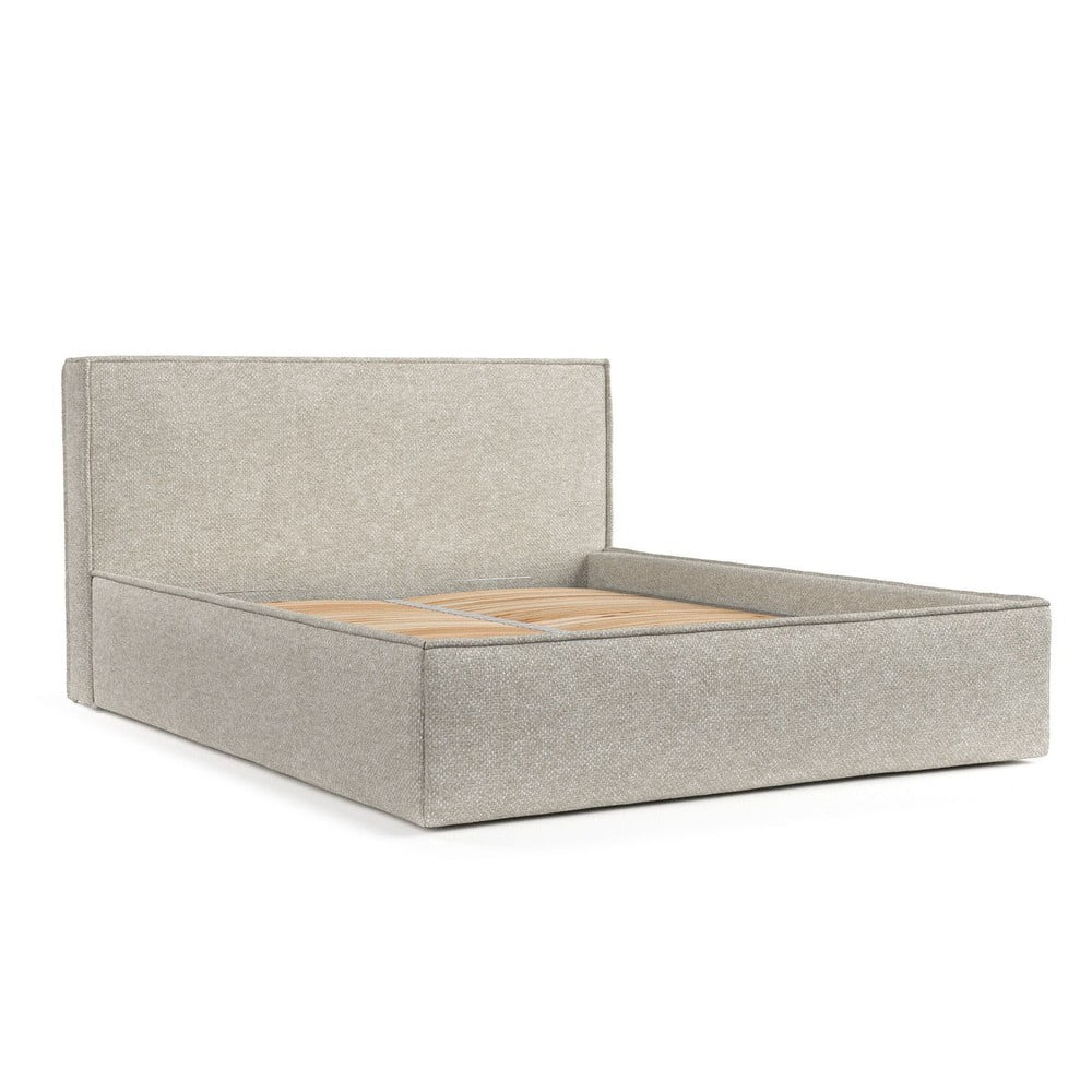 Bézs kárpitozott ágyneműtartós franciaágy ágyráccsal 200x200 cm Lounge L – Maison de Rêve