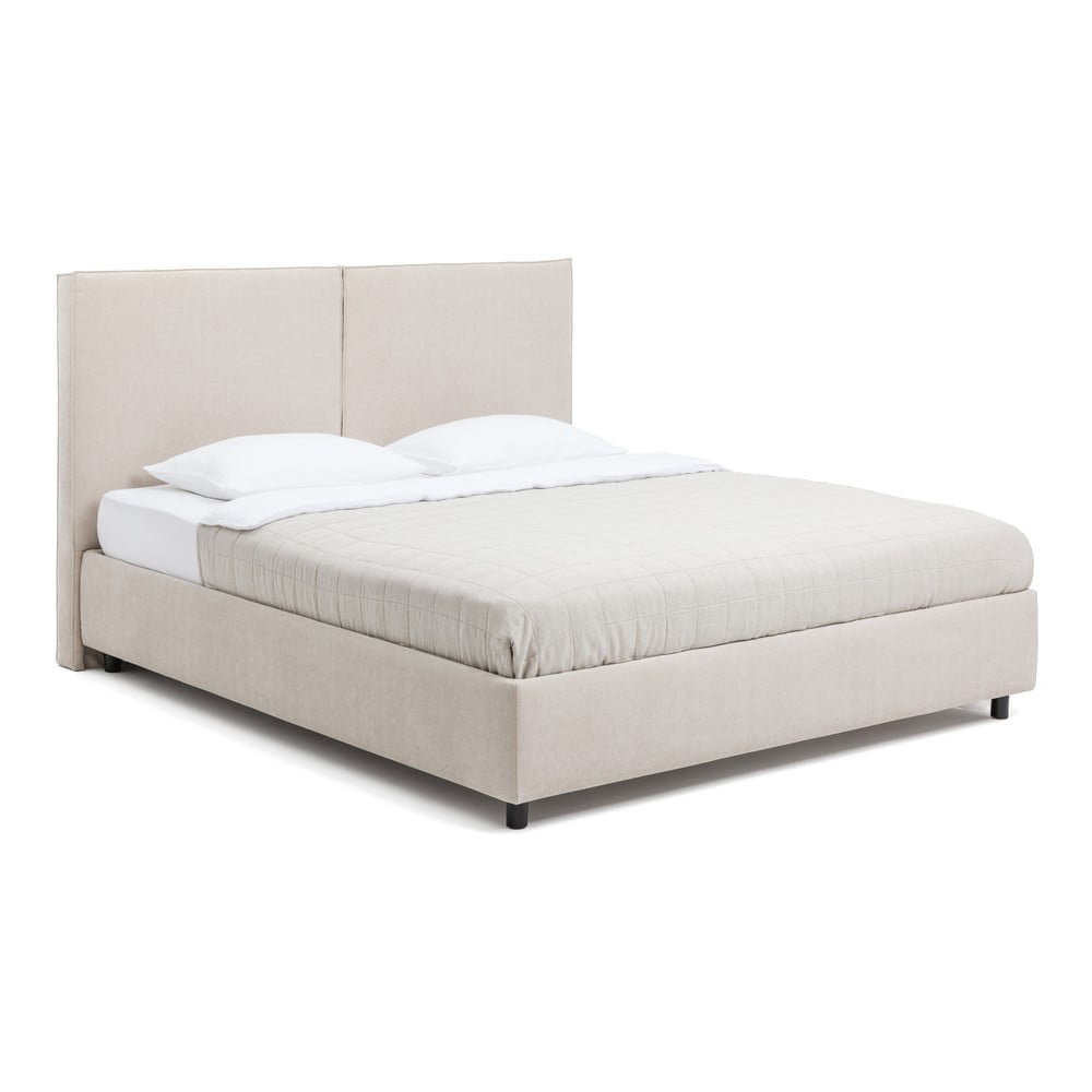 Bézs kárpitozott ágyneműtartós franciaágy matraccal