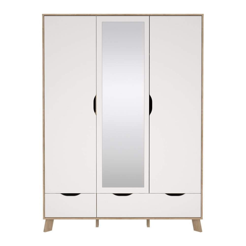 Fehér-natúr színű ruhásszekrény tükörrel tölgyfa dekorral 147x201x58 cm Ikast – Tvilum