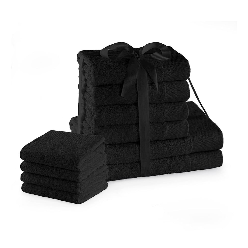Fekete frottír pamut törölköző és fürdőlepedő készlet 10 db-os Amari – Restilo