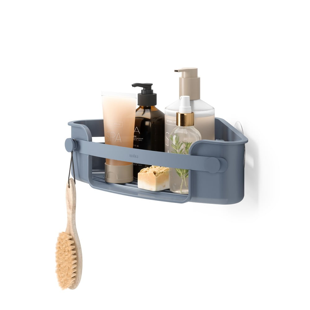 Kék öntapadós újrahasznosított műanyag fürdőszobai sarokpolc Flex – Umbra
