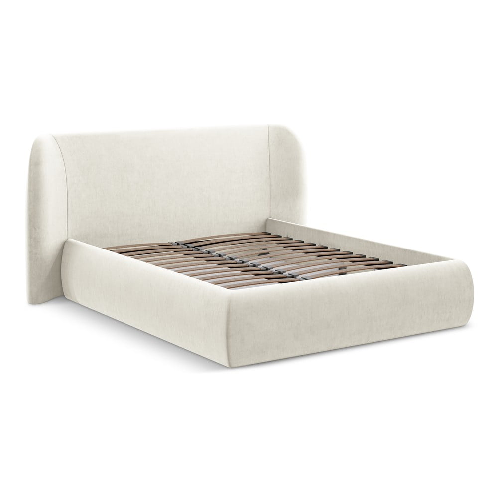 Krémszínű kárpitozott ágyneműtartós franciaágy ágyráccsal 140x200 cm Hauke – Makamii