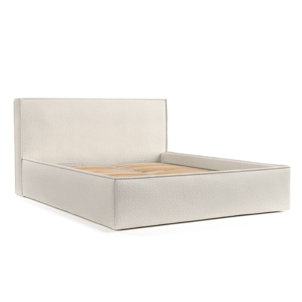 Krémszínű kárpitozott ágyneműtartós franciaágy ágyráccsal 200x200 cm Lounge L – Maison de Rêve