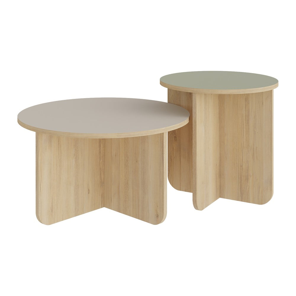 Krémszínű-natúr színű kerek dohányzóasztal szett 2 db-os tölgyfa dekorral ø 70 cm Hillary – Marckeric