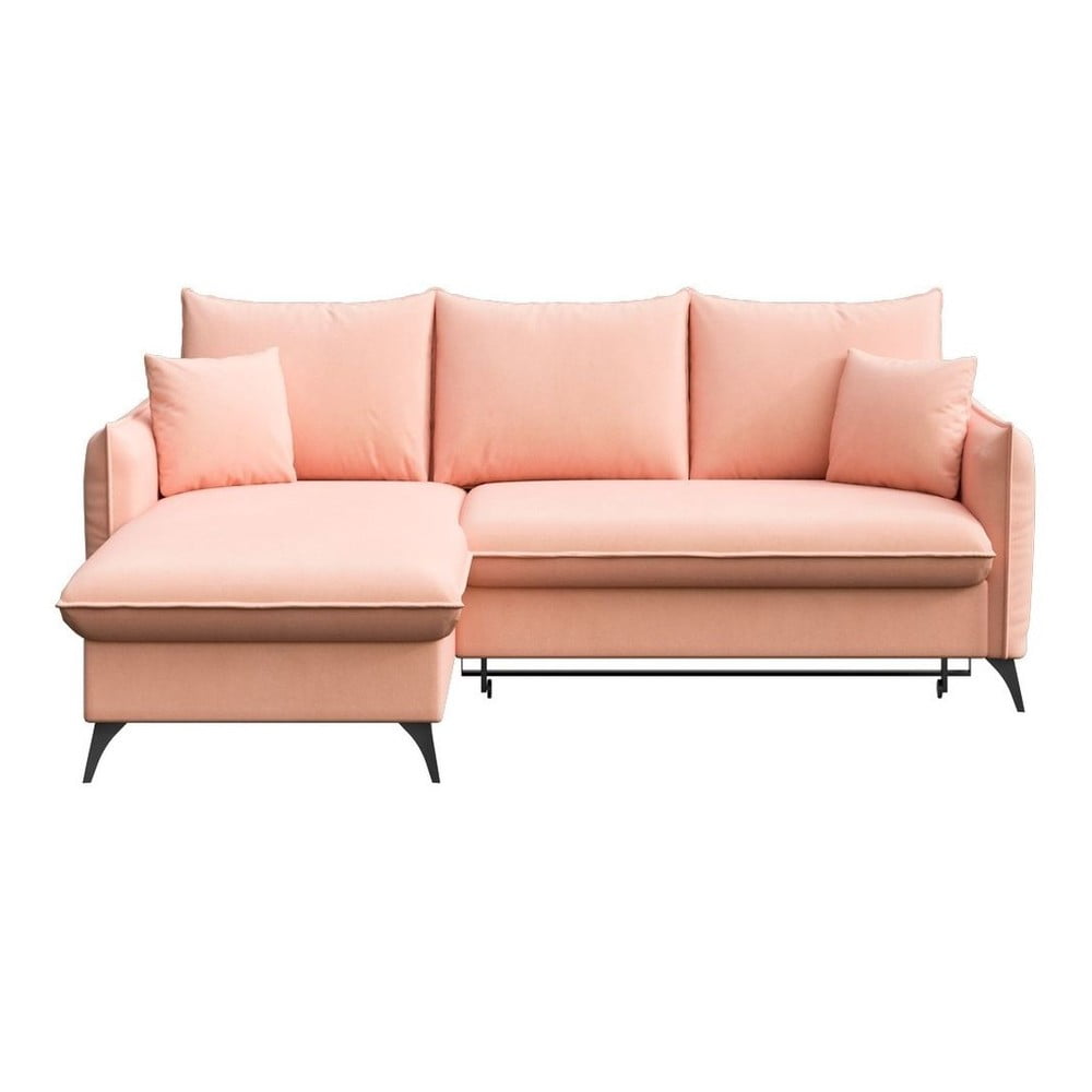 Rózsaszín bársony kinyitható tárolóhelyes sarokkanapé (bal oldali-heverő résszel) Brim – Rodier