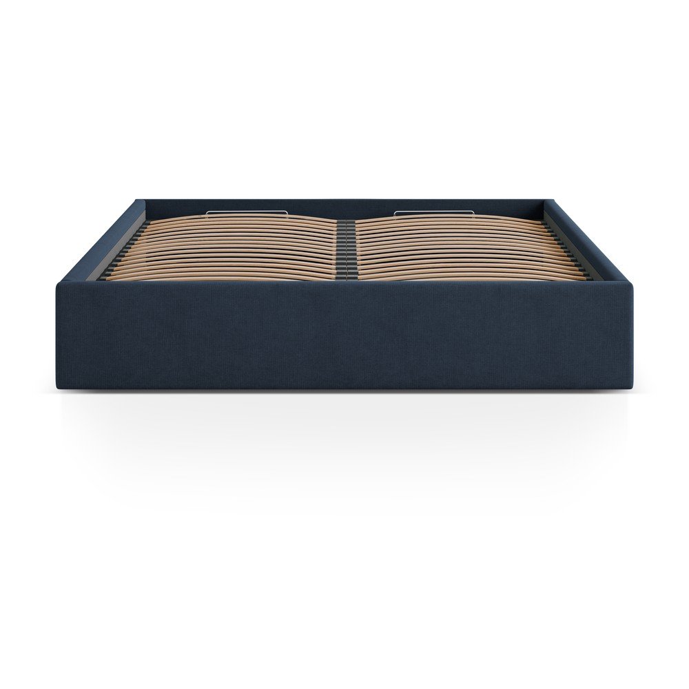 Sötétkék kárpitozott ágyneműtartós-ágytámla nélkül franciaágy ágyráccsal 160x200 cm Susan – Micadoni