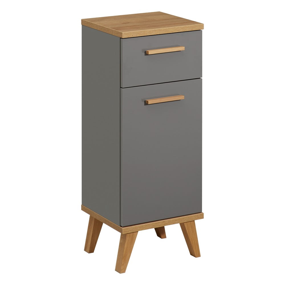 Szürke alacsony fürdőszoba szekrény tölgyfa dekorral 35