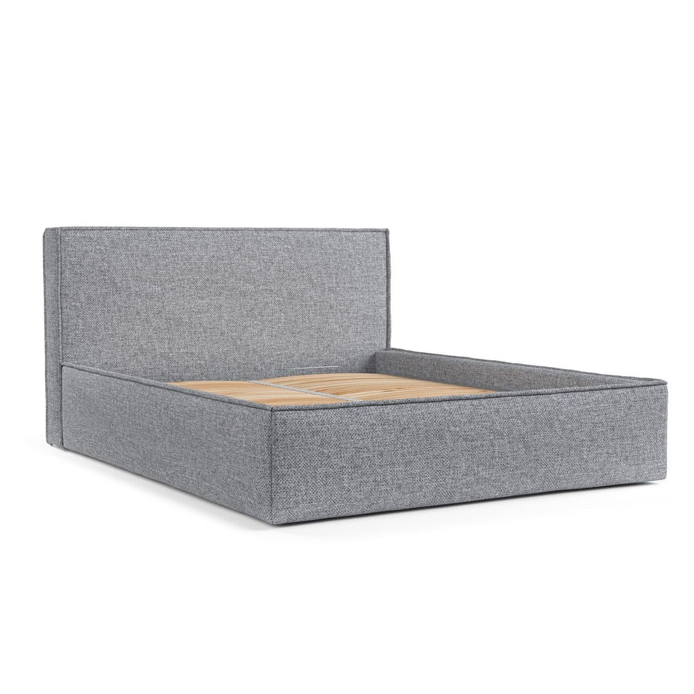 Szürke kárpitozott ágyneműtartós franciaágy ágyráccsal 160x200 cm Lounge L – Maison de Rêve