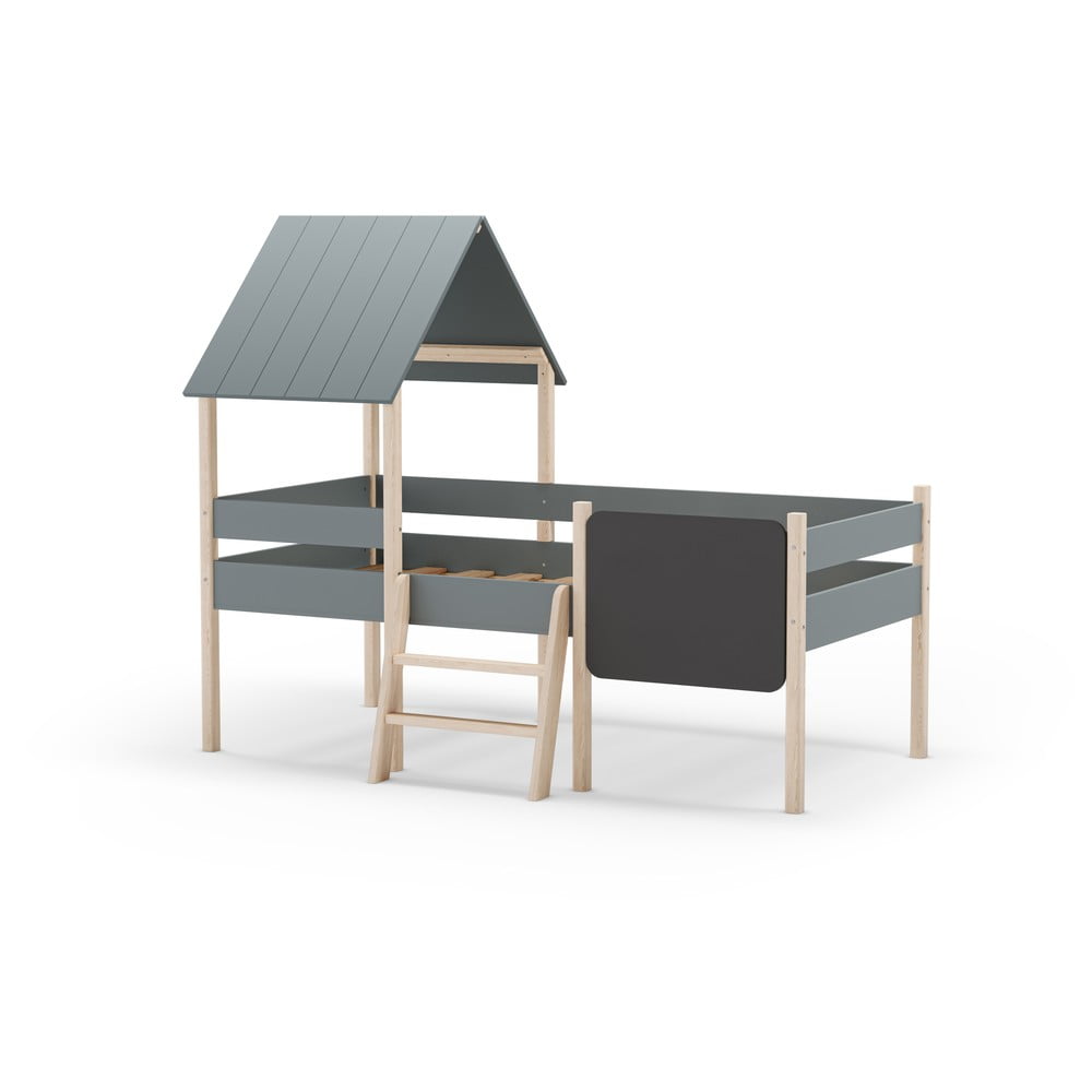 Szürkészöld borovi fenyő házikó alakú-galéria gyerekágy ágyráccsal 90x190 cm Mint – Marckeric