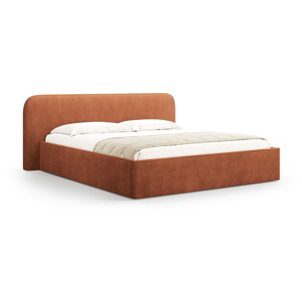 Téglavörös kárpitozott ágyneműtartós franciaágy ágyráccsal 200x200 cm Elizabeth – Micadoni