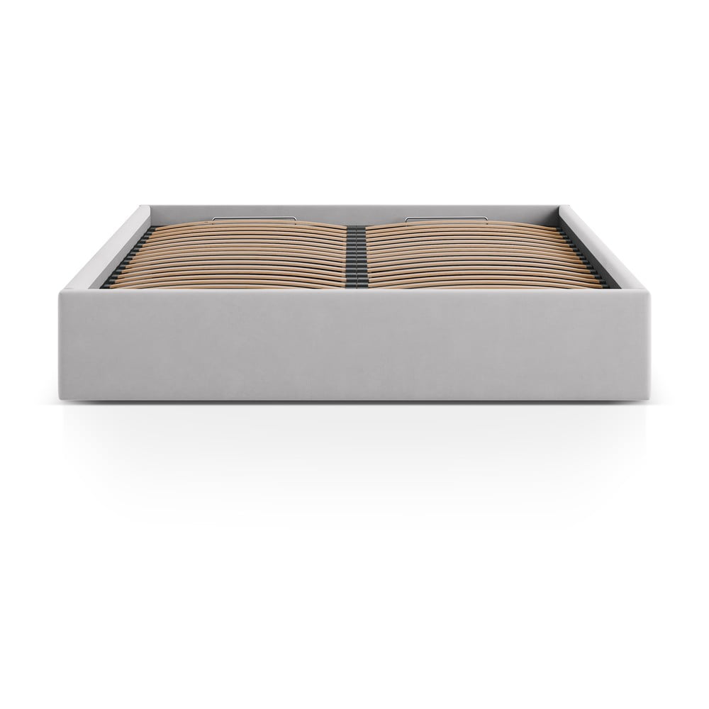 Világosszürke kárpitozott ágyneműtartós-ágytámla nélkül franciaágy ágyráccsal 160x200 cm Susan – Micadoni